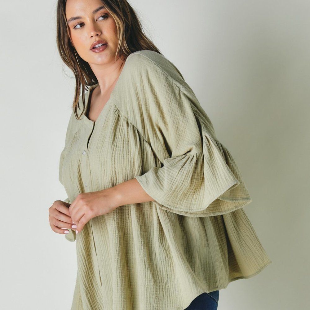 Plus Solid V Neck Button Down Top